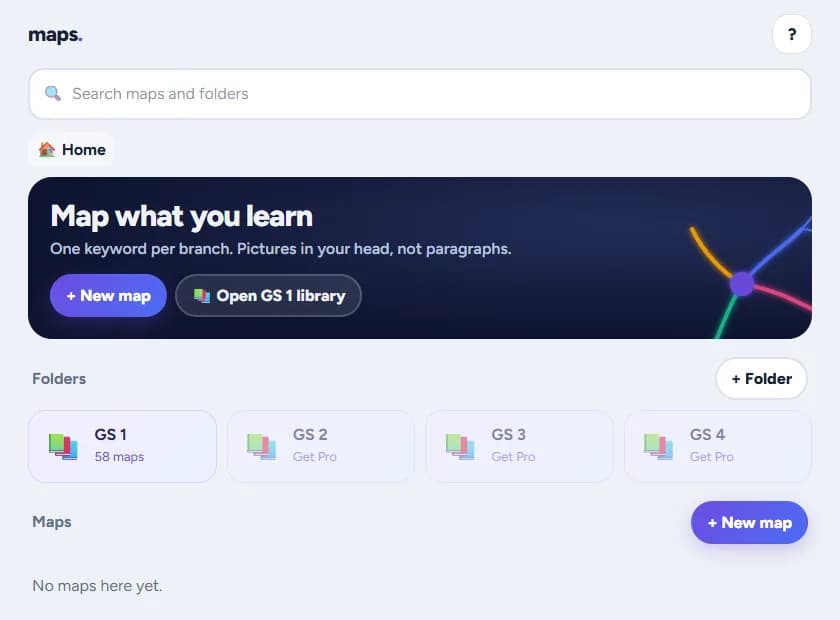 Chapter Mind Maps home: a New map button, the GS 1 library with 58 maps, and GS 2 to GS 4 folders marked Pro.