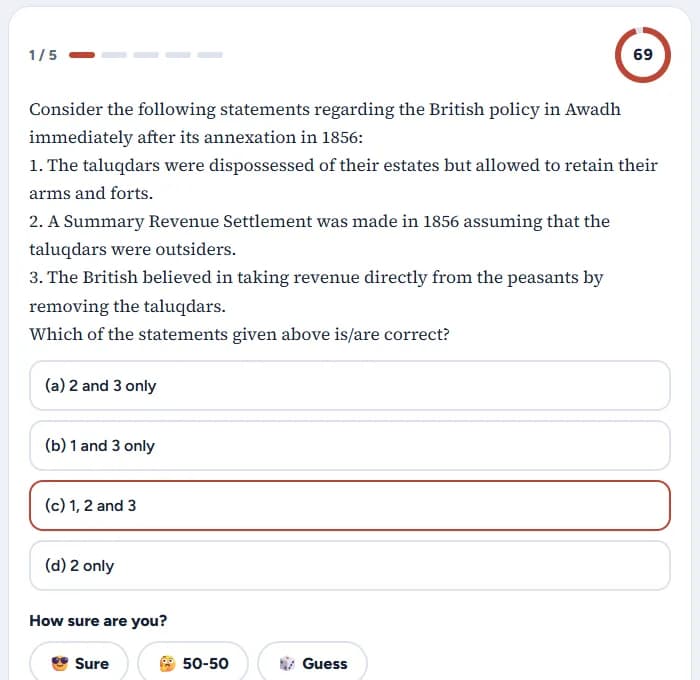 A real Prelims statement question on the 72-second clock, with an option picked and the buttons Sure, 50-50 and Guess.