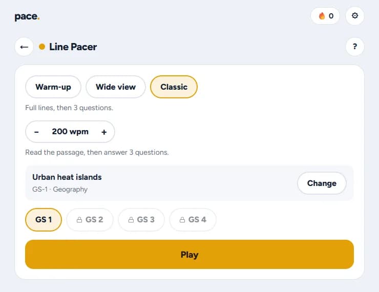 Line Pacer setup in the Newspaper Reading Trainer: choose a mode, a speed in words per minute and a passage.